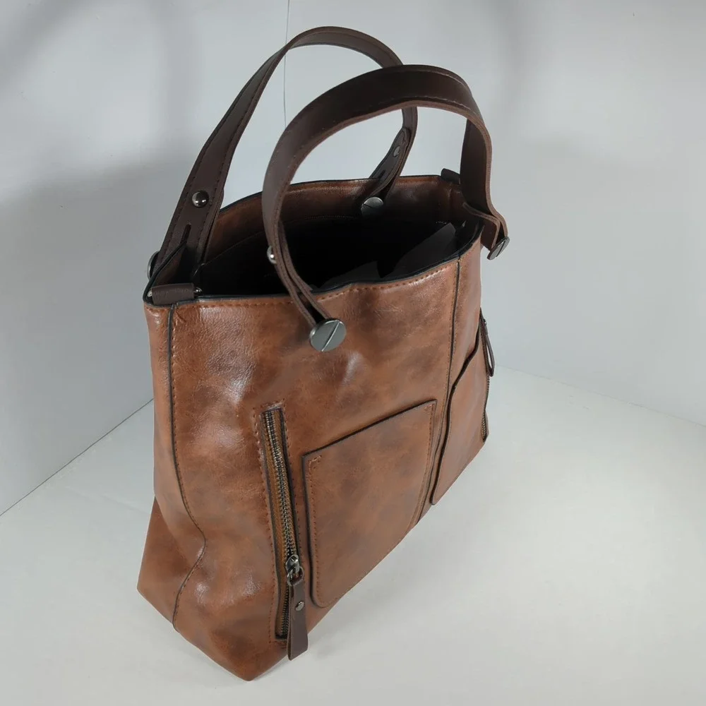 Brown Soft Vegan Leather‎ Satchel Handbag Multi-Pocket Organizer Purse  NEW